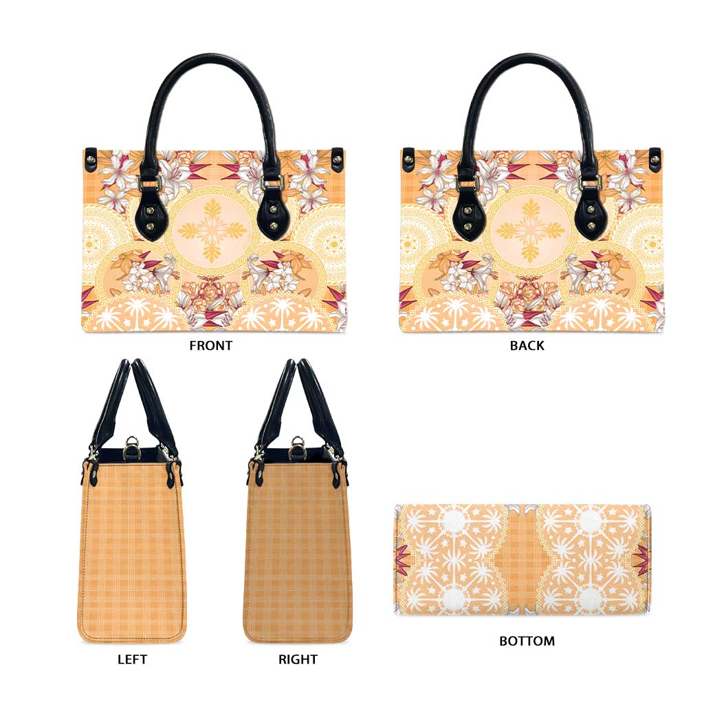 Hawaii Peach Palaka Leather Bag With Tapa Pattern Tropical Flowers LT05 - Polynesian Pride