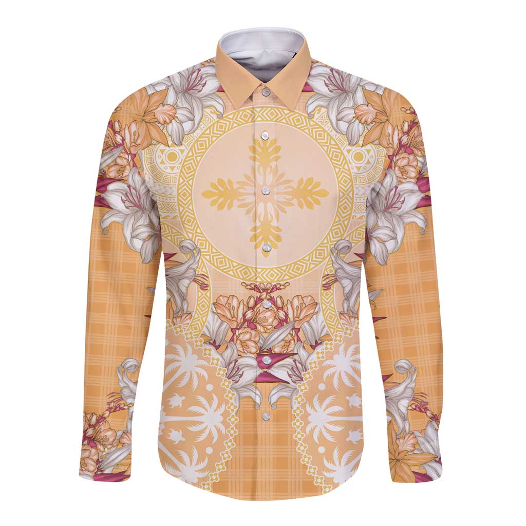 Hawaii Peach Palaka Long Sleeve Button Shirt With Tapa Pattern Tropical Flowers LT05 Unisex Peach - Polynesian Pride