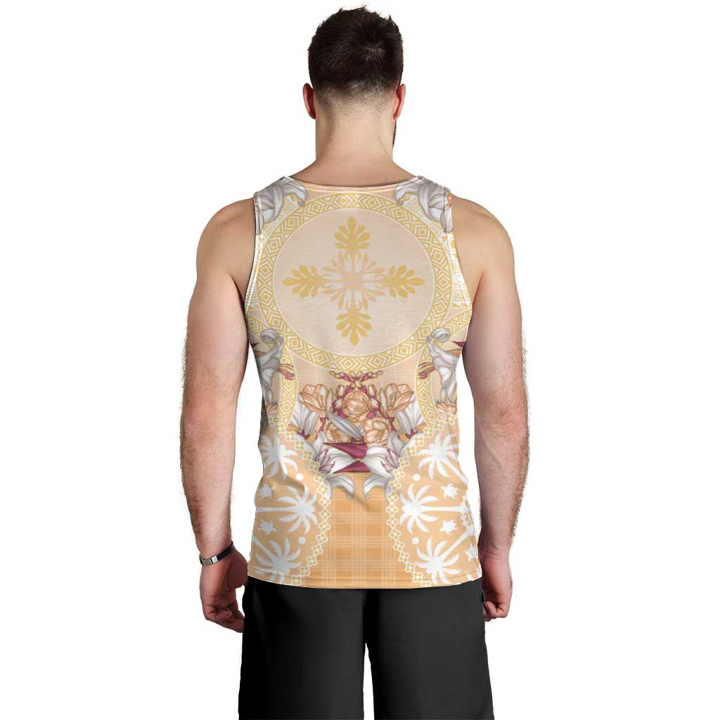 Hawaii Peach Palaka Men Tank Top With Tapa Pattern Tropical Flowers LT05 - Polynesian Pride