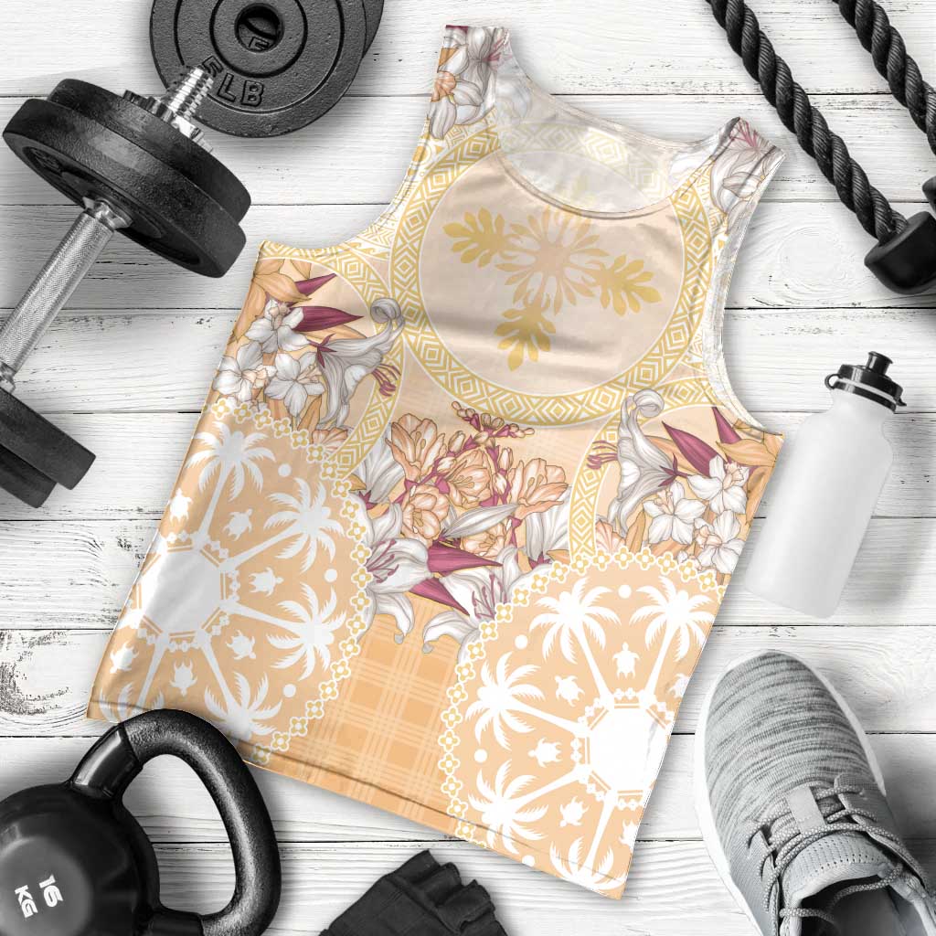 Hawaii Peach Palaka Men Tank Top With Tapa Pattern Tropical Flowers LT05 - Polynesian Pride