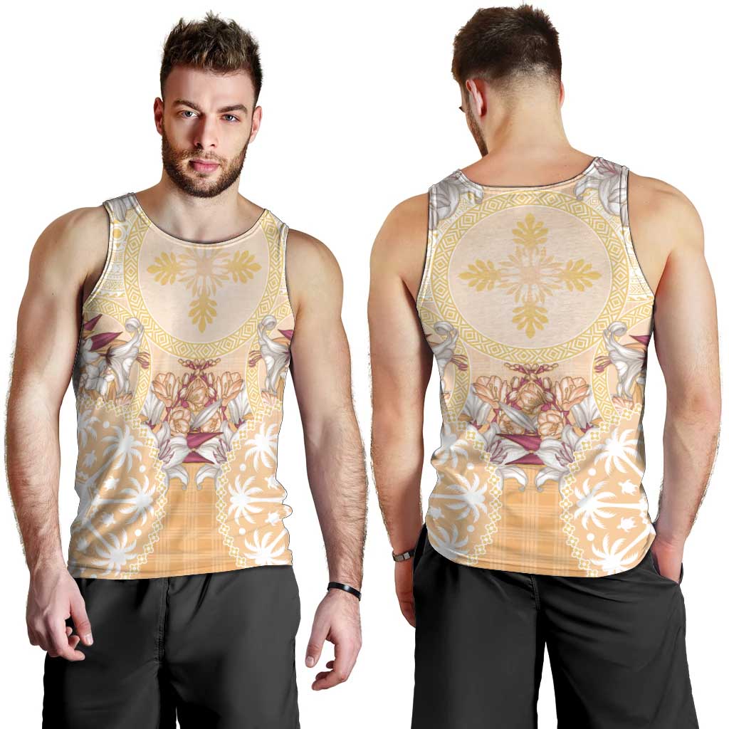 Hawaii Peach Palaka Men Tank Top With Tapa Pattern Tropical Flowers LT05 - Polynesian Pride