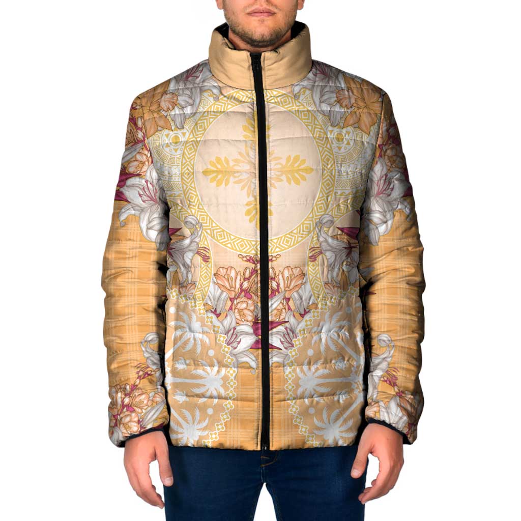 Hawaii Peach Palaka Padded Jacket With Tapa Pattern Tropical Flowers LT05 Men Peach - Polynesian Pride