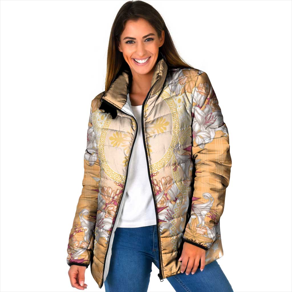 Hawaii Peach Palaka Padded Jacket With Tapa Pattern Tropical Flowers LT05 Women Peach - Polynesian Pride