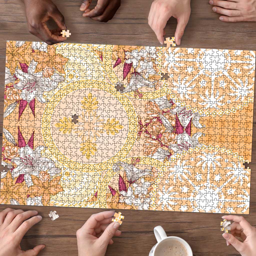 Hawaii Peach Palaka Puzzle With Tapa Pattern Tropical Flowers LT05 - Polynesian Pride