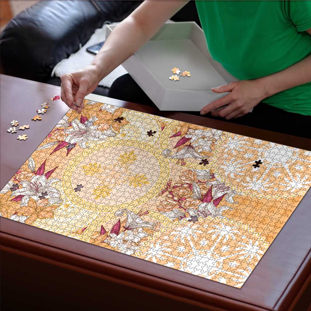Hawaii Peach Palaka Puzzle With Tapa Pattern Tropical Flowers LT05 - Polynesian Pride
