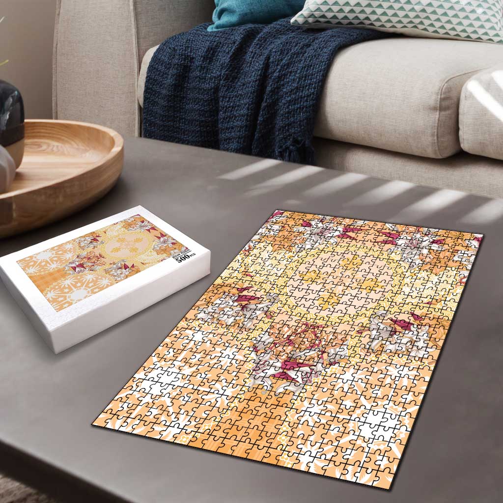 Hawaii Peach Palaka Puzzle With Tapa Pattern Tropical Flowers LT05 - Polynesian Pride