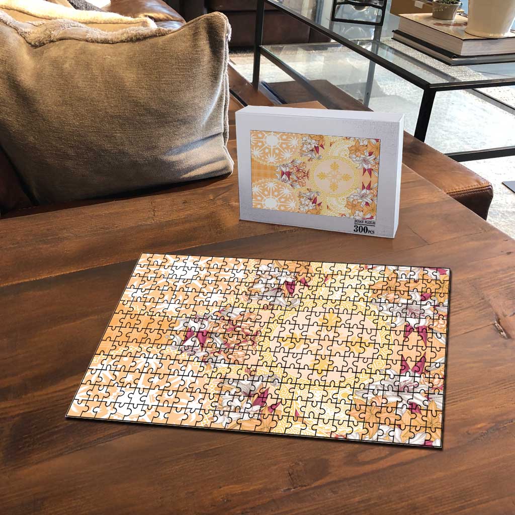 Hawaii Peach Palaka Puzzle With Tapa Pattern Tropical Flowers LT05 - Polynesian Pride