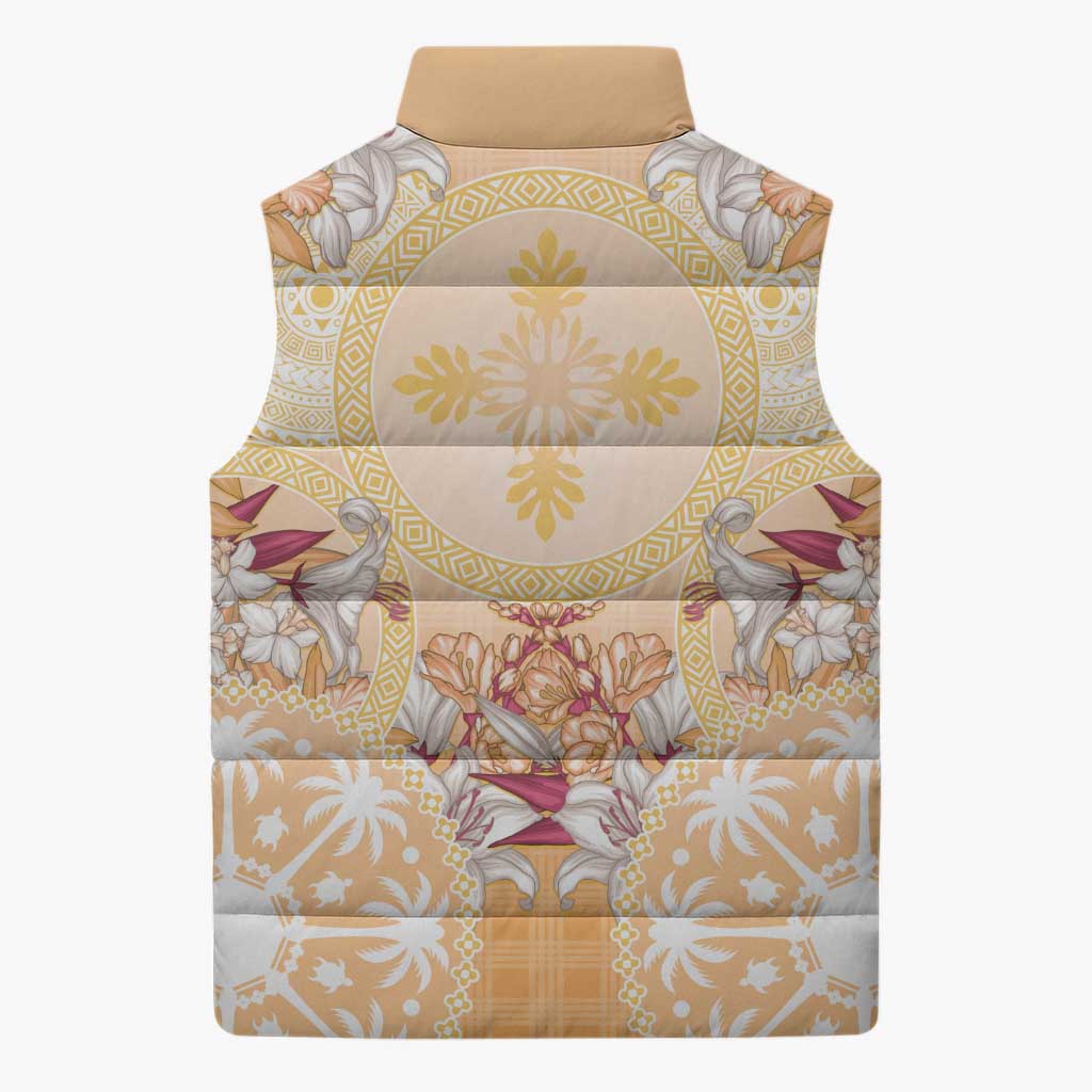 Hawaii Peach Palaka Sleeveless Puffer Jacket With Tapa Pattern Tropical Flowers LT05 - Polynesian Pride