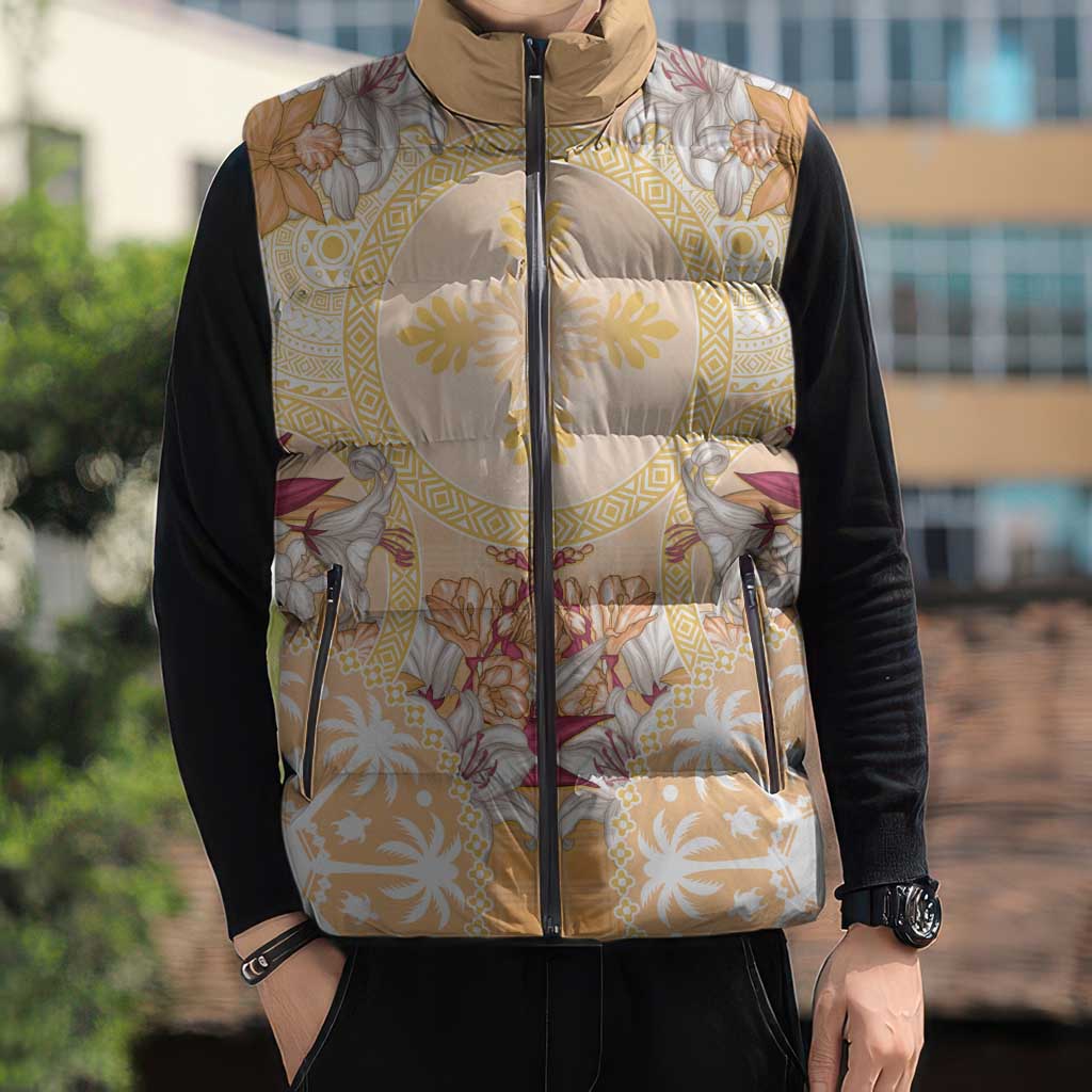 Hawaii Peach Palaka Sleeveless Puffer Jacket With Tapa Pattern Tropical Flowers LT05 - Polynesian Pride
