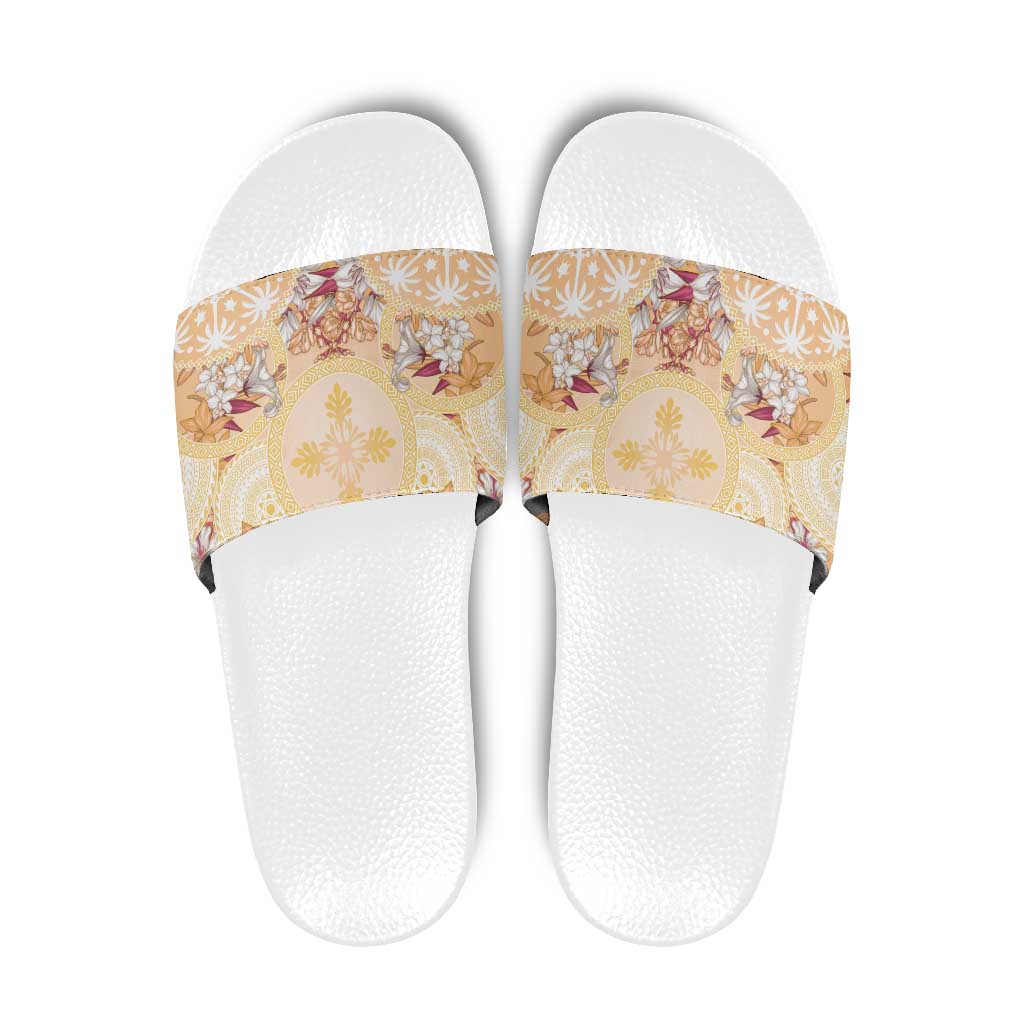 Hawaii Peach Palaka Slide Sandals With Tapa Pattern Tropical Flowers LT05 Peach - Polynesian Pride