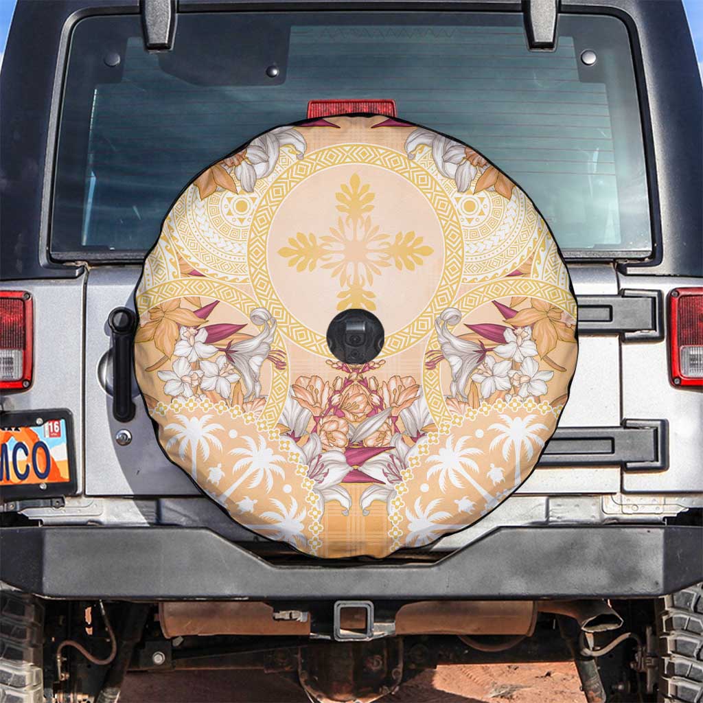 Hawaii Peach Palaka Spare Tire Cover With Tapa Pattern Tropical Flowers LT05 Peach - Polynesian Pride