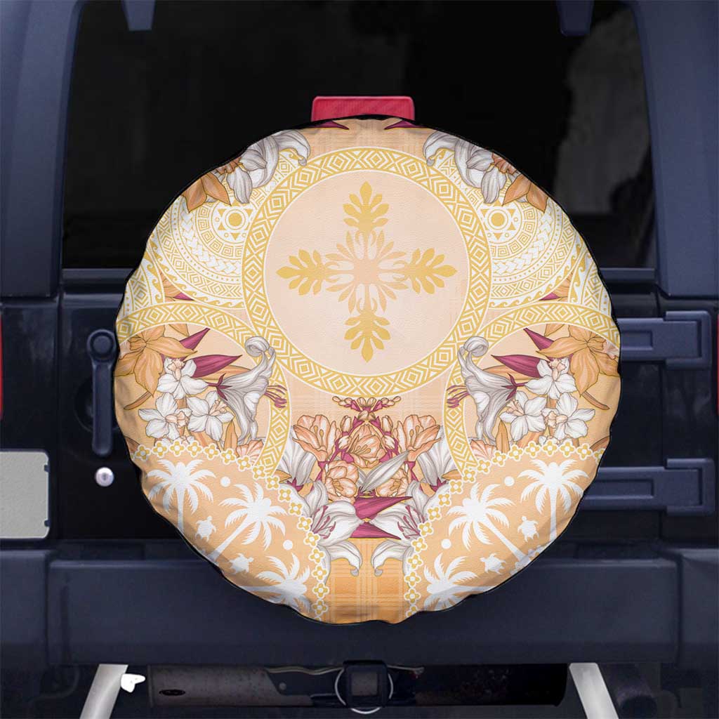 Hawaii Peach Palaka Spare Tire Cover With Tapa Pattern Tropical Flowers LT05 No hole Peach - Polynesian Pride