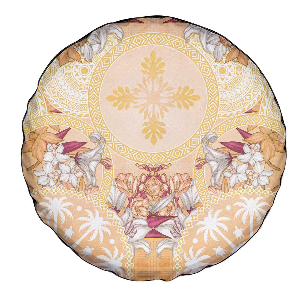 Hawaii Peach Palaka Spare Tire Cover With Tapa Pattern Tropical Flowers LT05 - Polynesian Pride