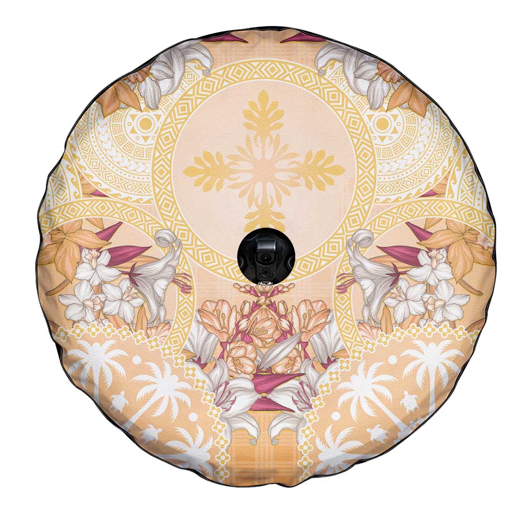 Hawaii Peach Palaka Spare Tire Cover With Tapa Pattern Tropical Flowers LT05 - Polynesian Pride