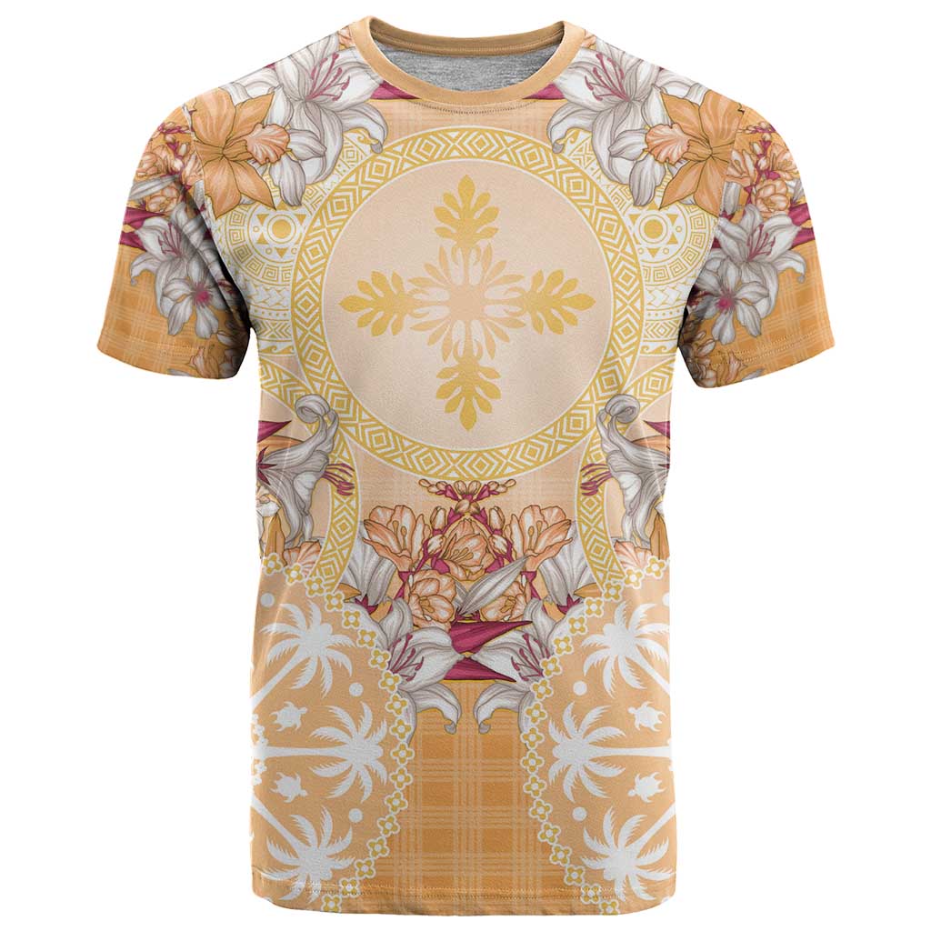 Hawaii Peach Palaka T Shirt With Tapa Pattern Tropical Flowers LT05 Peach - Polynesian Pride