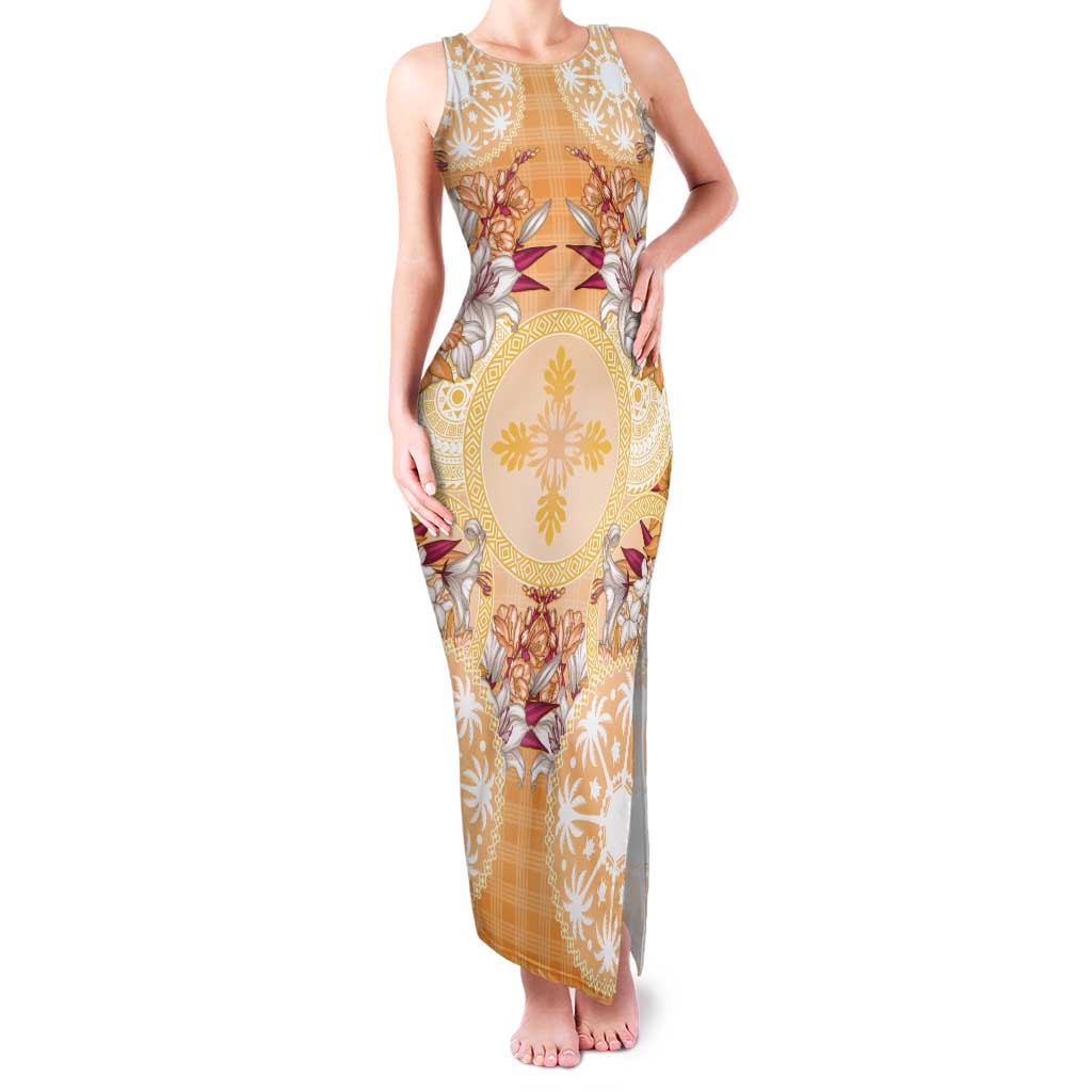 Hawaii Peach Palaka Tank Maxi Dress With Tapa Pattern Tropical Flowers LT05 Women Peach - Polynesian Pride