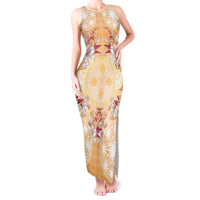 Hawaii Peach Palaka Tank Maxi Dress With Tapa Pattern Tropical Flowers LT05 Women Peach - Polynesian Pride