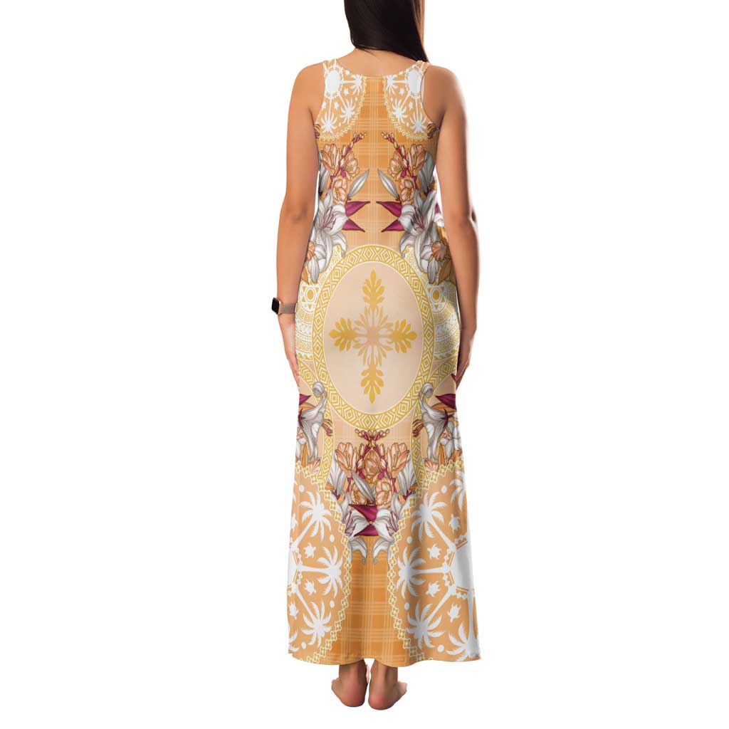 Hawaii Peach Palaka Tank Maxi Dress With Tapa Pattern Tropical Flowers LT05 - Polynesian Pride