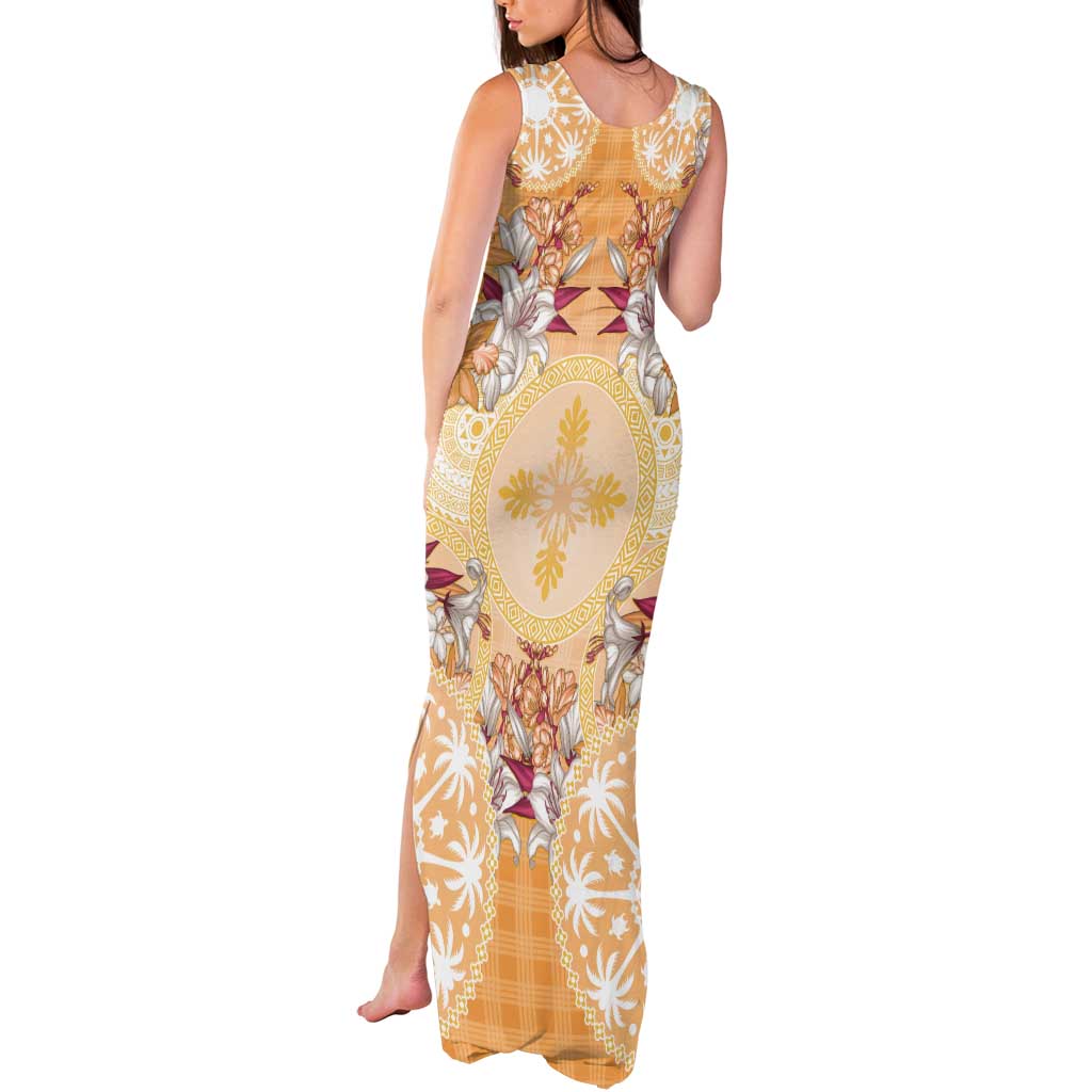Hawaii Peach Palaka Tank Maxi Dress With Tapa Pattern Tropical Flowers LT05 - Polynesian Pride