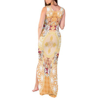 Hawaii Peach Palaka Tank Maxi Dress With Tapa Pattern Tropical Flowers LT05 - Polynesian Pride