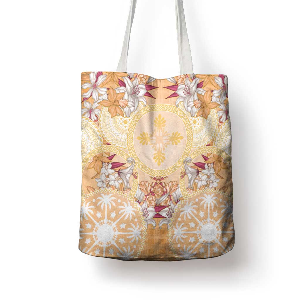Hawaii Peach Palaka Tote Bag With Tapa Pattern Tropical Flowers LT05 - Polynesian Pride