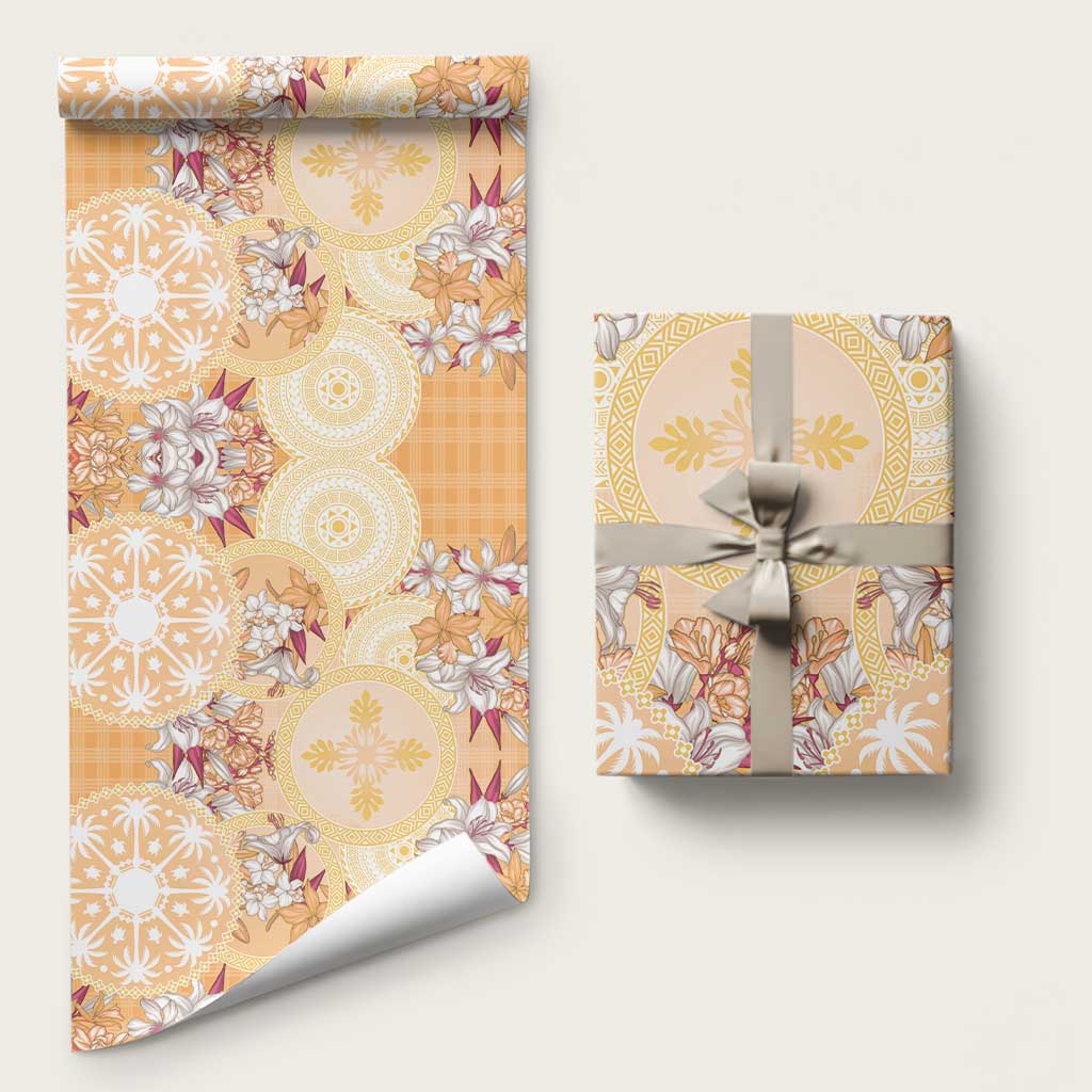 Hawaii Peach Palaka Wrapping Paper With Tapa Pattern Tropical Flowers LT05 58" × 23" Peach - Polynesian Pride