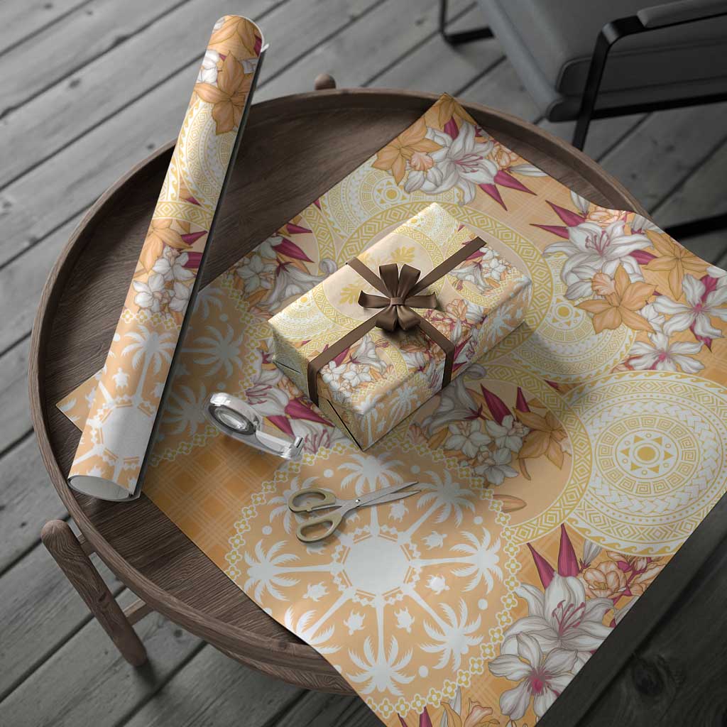 Hawaii Peach Palaka Wrapping Paper With Tapa Pattern Tropical Flowers LT05 - Polynesian Pride
