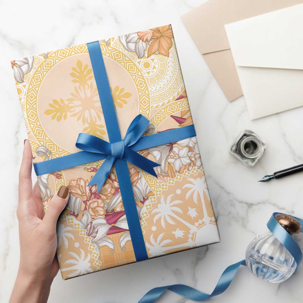 Hawaii Peach Palaka Wrapping Paper With Tapa Pattern Tropical Flowers LT05 - Polynesian Pride