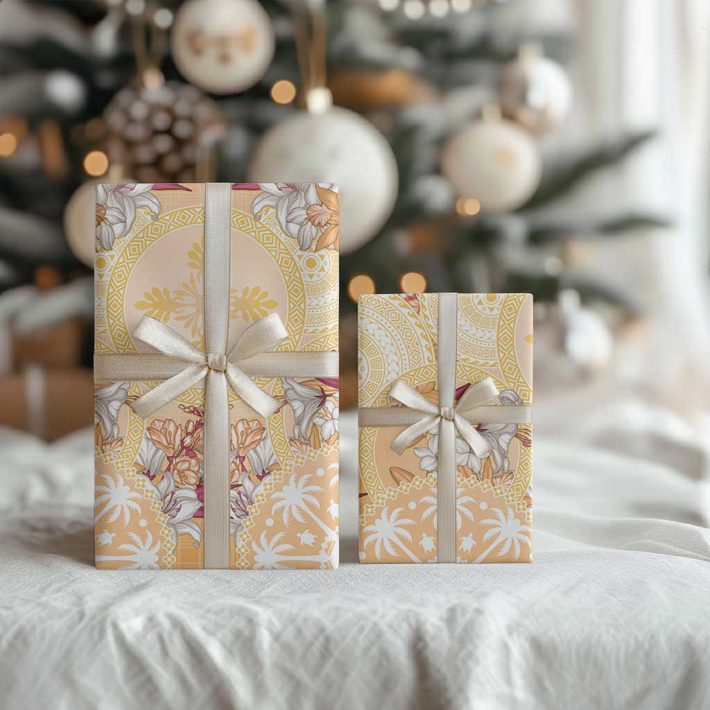 Hawaii Peach Palaka Wrapping Paper With Tapa Pattern Tropical Flowers LT05 - Polynesian Pride