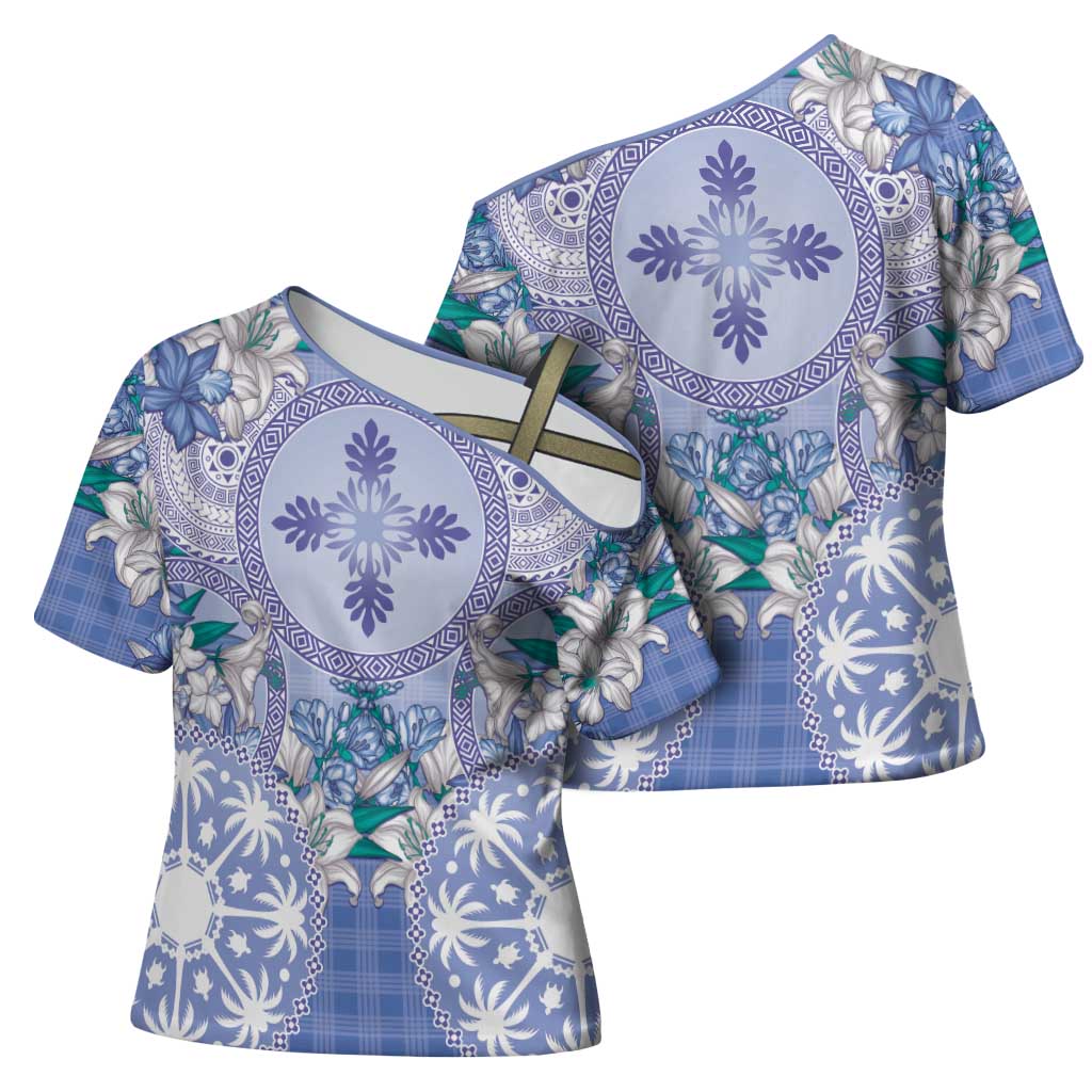 Hawaii Violet Palaka Cross Shoulder Shirt With Tapa Pattern Tropical Flowers LT05 - Polynesian Pride