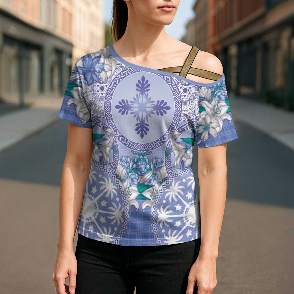 Hawaii Violet Palaka Cross Shoulder Shirt With Tapa Pattern Tropical Flowers LT05 - Polynesian Pride