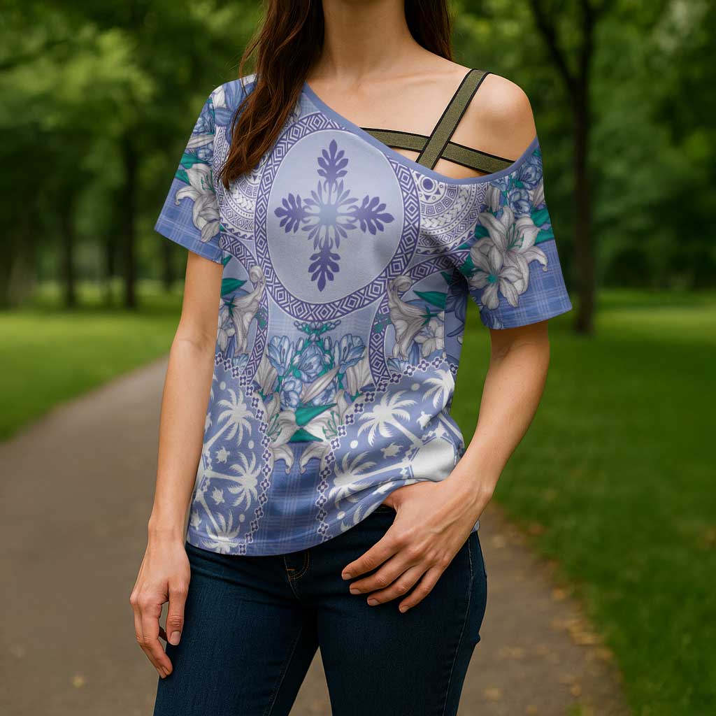 Hawaii Violet Palaka Cross Shoulder Shirt With Tapa Pattern Tropical Flowers LT05 - Polynesian Pride