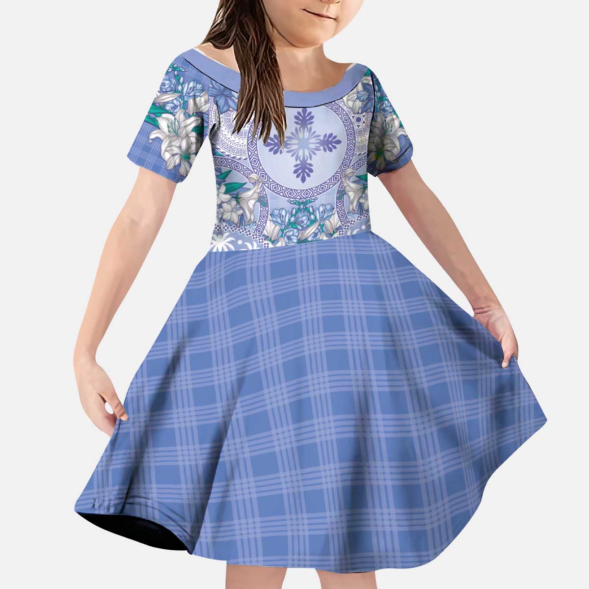 Hawaii Violet Palaka Kid Short Sleeve Dress With Tapa Pattern Tropical Flowers LT05 KID Violet - Polynesian Pride