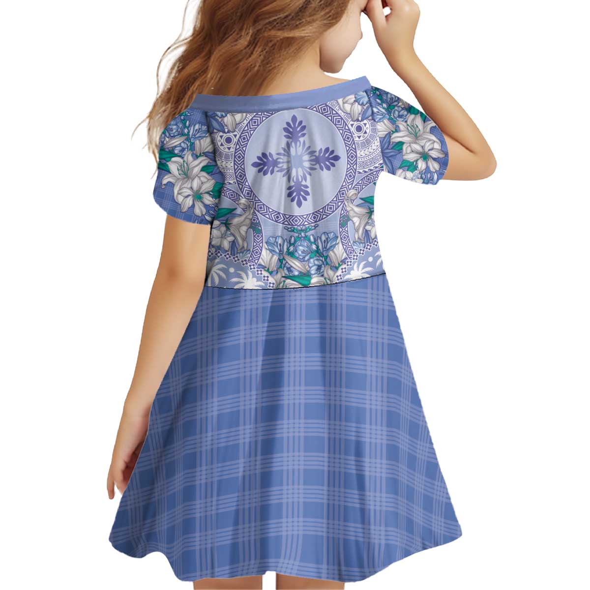 Hawaii Violet Palaka Kid Short Sleeve Dress With Tapa Pattern Tropical Flowers LT05 - Polynesian Pride