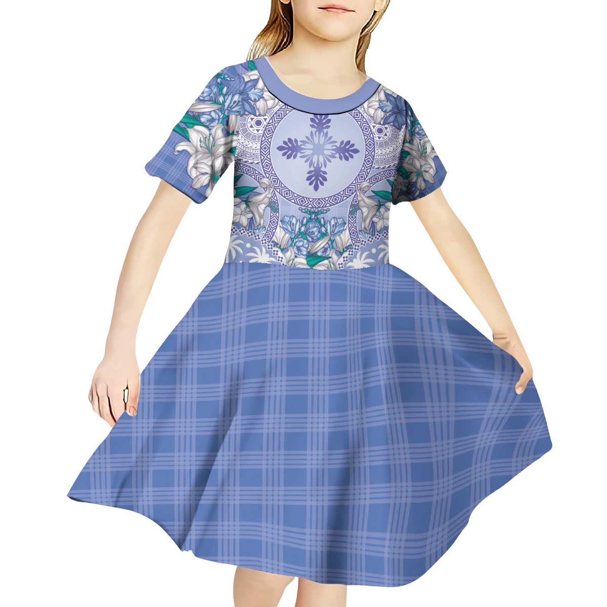 Hawaii Violet Palaka Kid Short Sleeve Dress With Tapa Pattern Tropical Flowers LT05 - Polynesian Pride