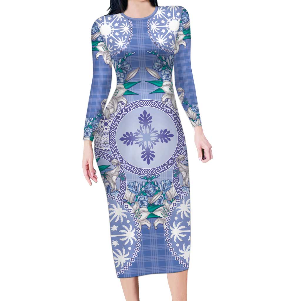 Hawaii Violet Palaka Long Sleeve Bodycon Dress With Tapa Pattern Tropical Flowers LT05 Long Dress Violet - Polynesian Pride