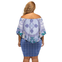 Hawaii Violet Palaka Off Shoulder Short Dress With Tapa Pattern Tropical Flowers LT05 - Polynesian Pride