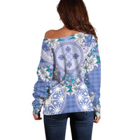 Hawaii Violet Palaka Off Shoulder Sweater With Tapa Pattern Tropical Flowers LT05 - Polynesian Pride
