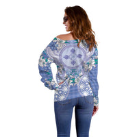 Hawaii Violet Palaka Off Shoulder Sweater With Tapa Pattern Tropical Flowers LT05 - Polynesian Pride