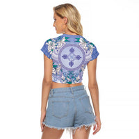 Hawaii Violet Palaka Raglan Cropped T Shirt With Tapa Pattern Tropical Flowers LT05 - Polynesian Pride