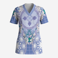Hawaii Violet Palaka Scrub Top With Tapa Pattern Tropical Flowers LT05 Adult Violet - Polynesian Pride