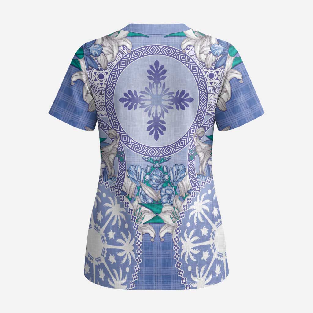 Hawaii Violet Palaka Scrub Top With Tapa Pattern Tropical Flowers LT05 - Polynesian Pride