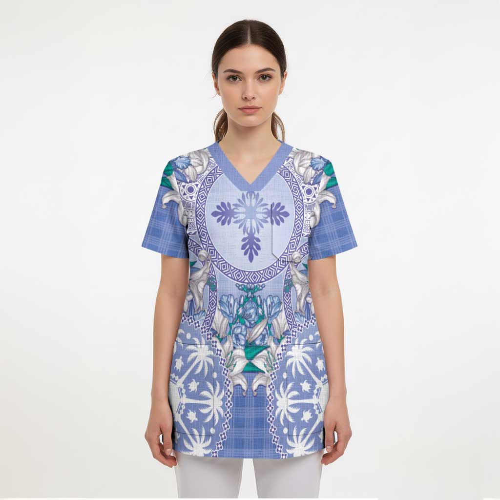 Hawaii Violet Palaka Scrub Top With Tapa Pattern Tropical Flowers LT05 - Polynesian Pride