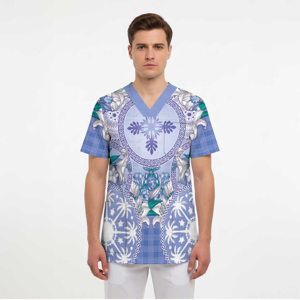 Hawaii Violet Palaka Scrub Top With Tapa Pattern Tropical Flowers LT05 - Polynesian Pride