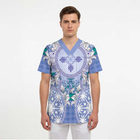 Hawaii Violet Palaka Scrub Top With Tapa Pattern Tropical Flowers LT05 - Polynesian Pride