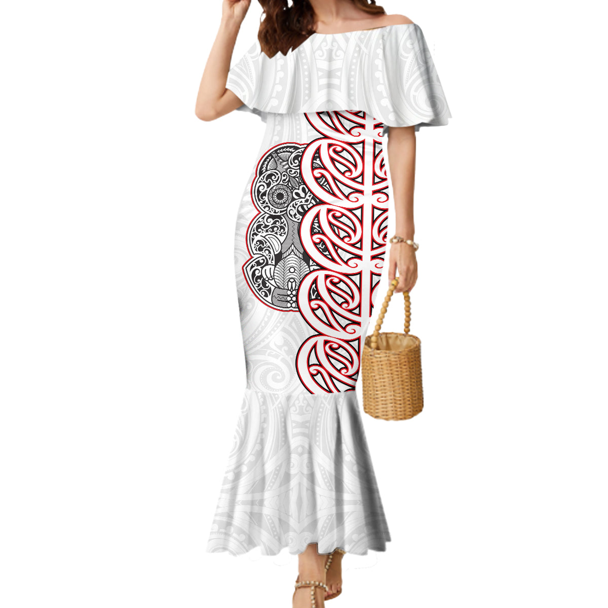 Aotearoa New Zealand Mermaid Dress Maori Marae Pattern Tiki LT05 Women White - Polynesian Pride