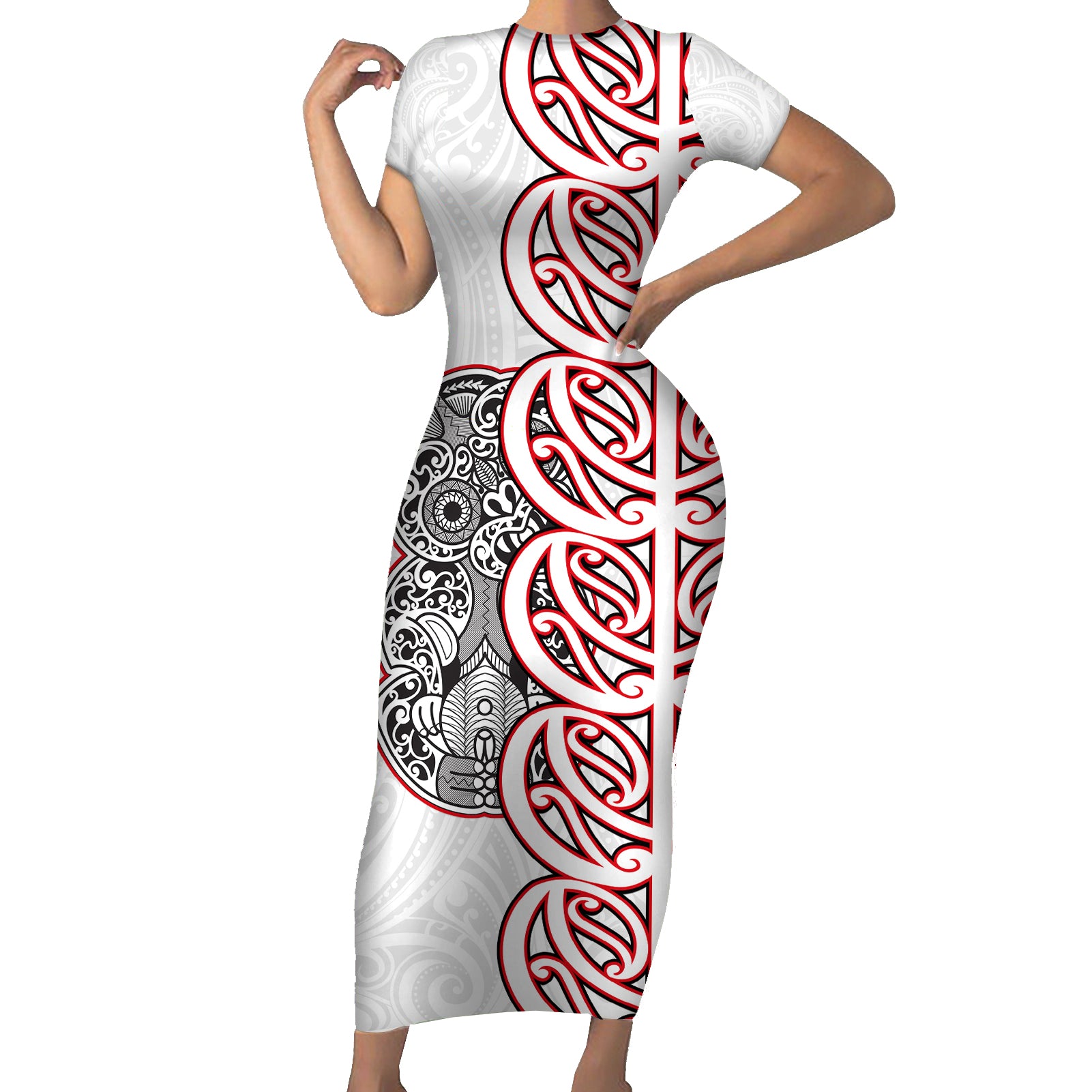 Aotearoa New Zealand Short Sleeve Bodycon Dress Maori Marae Pattern Tiki LT05 Long Dress White - Polynesian Pride