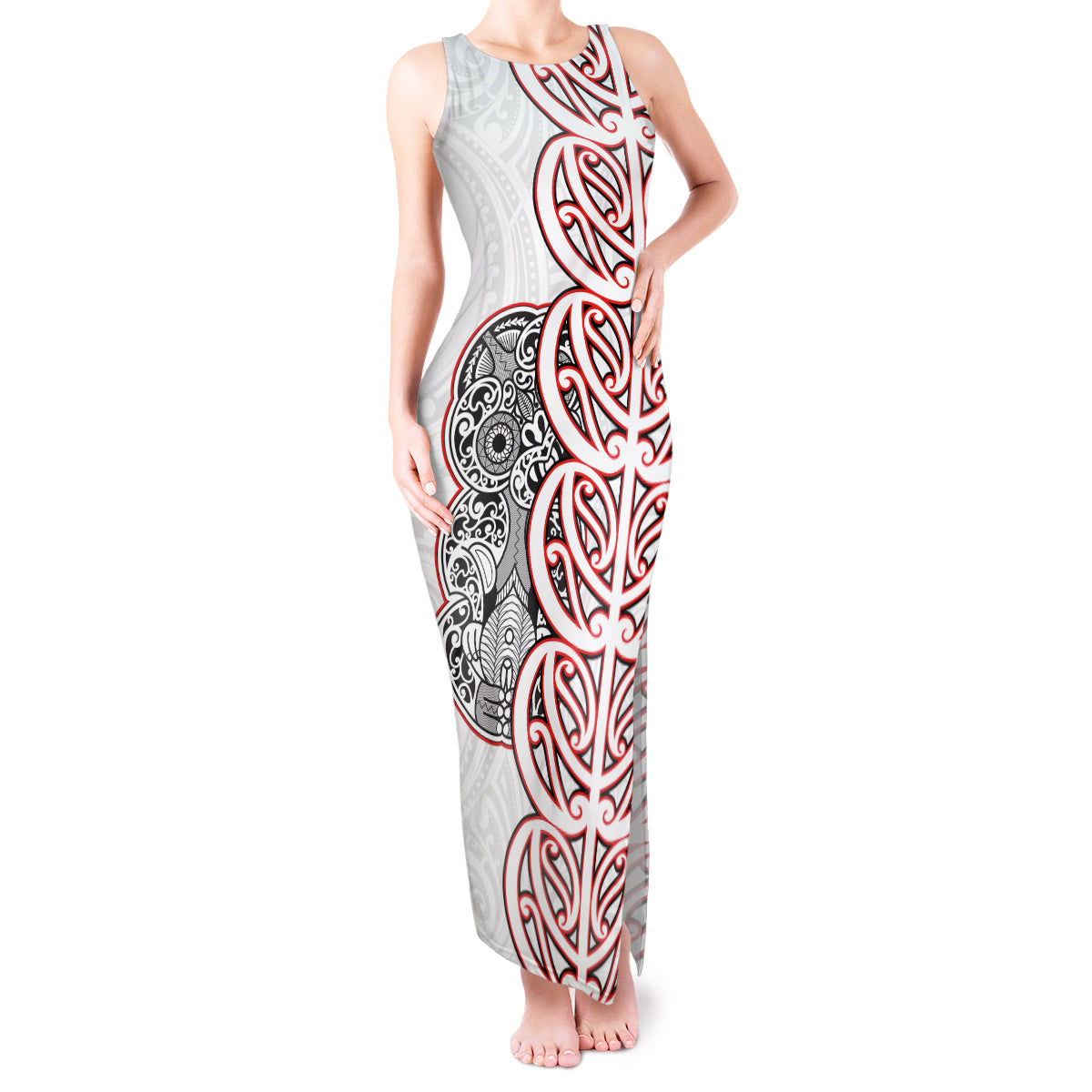 Aotearoa New Zealand Tank Maxi Dress Maori Marae Pattern Tiki LT05 Women White - Polynesian Pride