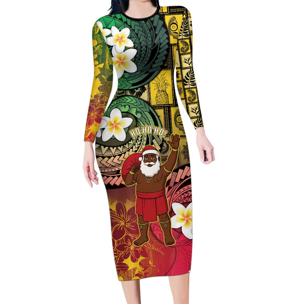 Vanuatu Christmas Long Sleeve Bodycon Dress Ni-Van Santa Retro Style LT05 Long Dress Colorful - Polynesian Pride