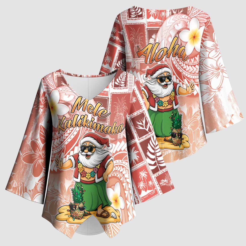 Hawaii Mele Kalikimaka Kimono Sleeve Blouse Hula Santa Retro Style Red LT05 - Polynesian Pride